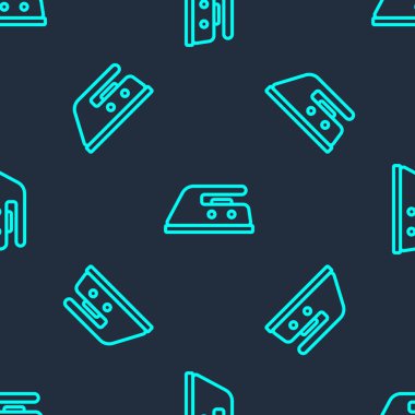 Yeşil çizgi elektrik ikonu mavi arkaplanda kusursuz desen izole etti. Buhar ütüsü. Vektör İllüstrasyonu