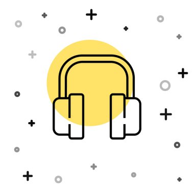 Siyah çizgi kulaklık simgesi beyaz arkaplanda izole edildi. Müşteri hizmetleri, yardım hattı, çağrı merkezi, faq, bakım. Rastgele dinamik şekiller. Vektör İllüstrasyonu