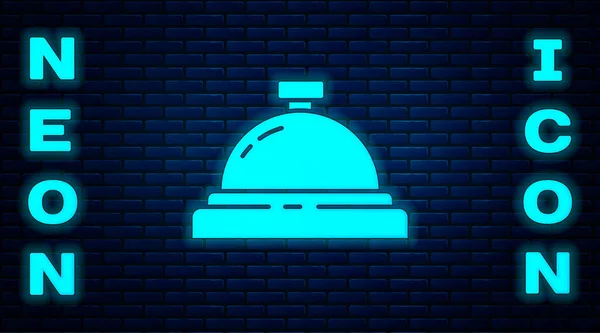 Zářící neon Hotel služby zvonek ikona izolované na cihlové zdi pozadí. Zvonek na recepci. Vektorová ilustrace — Stockový vektor