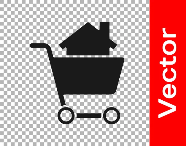 Carrito de compras negro con icono de la casa aislado sobre fondo transparente. Comprar concepto de casa. Concepto de préstamo hipotecario, alquiler, compra de una propiedad. Ilustración vectorial — Vector de stock