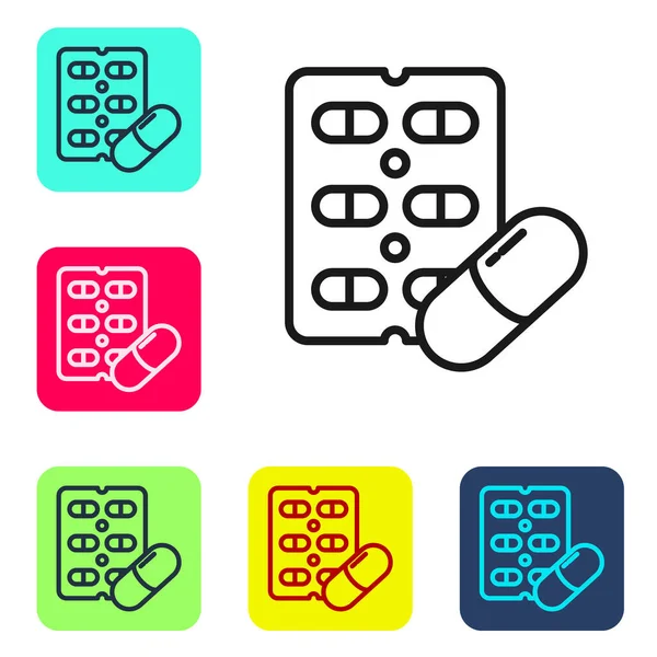 Tabletki czarnej linii w blistrze ikona opakowania izolowane na białym tle. Opakowanie leku medycznego na tabletki, witaminy, antybiotyki, aspirynę. Zestaw ikon w kolorach kwadratowych przycisków. Ilustracja wektora — Wektor stockowy