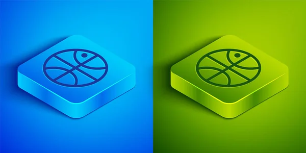 アイソメトリックラインバスケットボールのアイコンは青と緑の背景に隔離されています。スポーツシンボル。正方形のボタン。ベクターイラスト — ストックベクタ