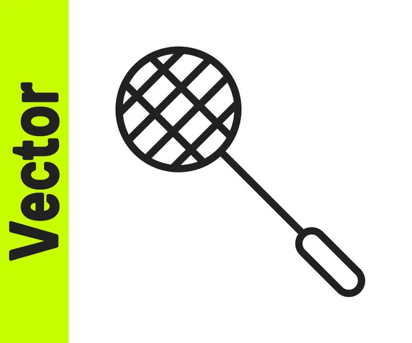 Черная линия Теннисная ракетка значок изолирован на белом фоне. Спортивное оборудование. Векторная миграция — стоковый вектор