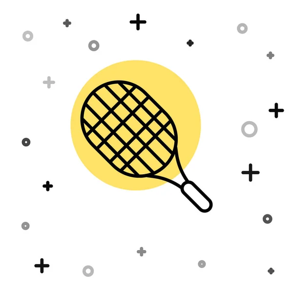 Svart linje Tennis racket ikon isolerad på vit bakgrund. Sportutrustning. Slumpmässiga dynamiska former. Vektor Illustration — Stock vektor