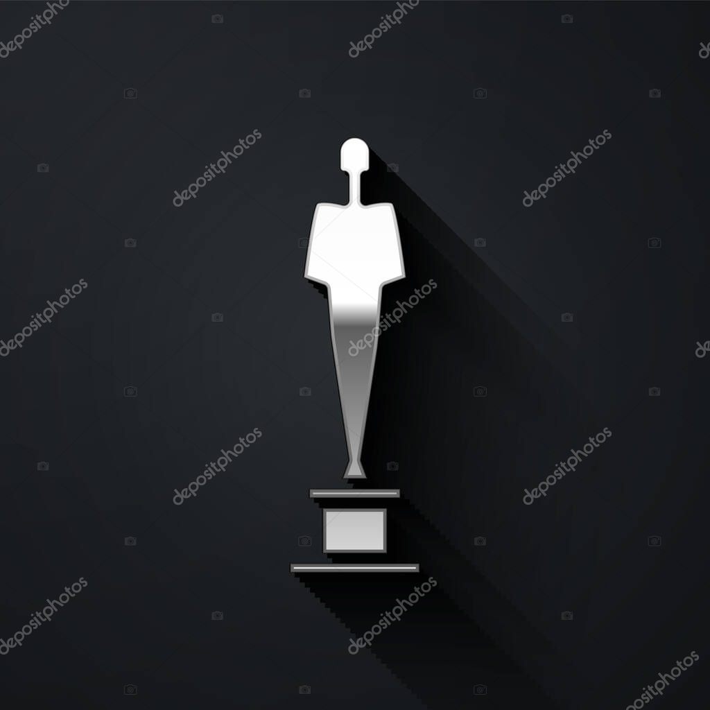 Silver Movie trophy icon isolated on black background. Academy award icon. Films and cinema symbol. Long shadow style. Vector Illustration.