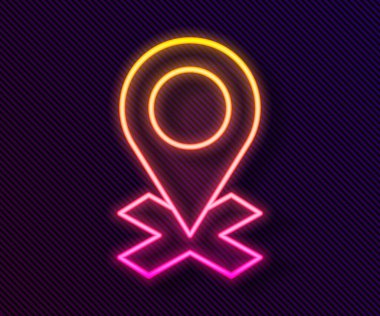 Parlayan neon çizgi haritası simgesi siyah arkaplanda izole edildi. Navigasyon, işaret, konum, harita, GPS, yön, yer, pusula, arama konsepti. Vektör