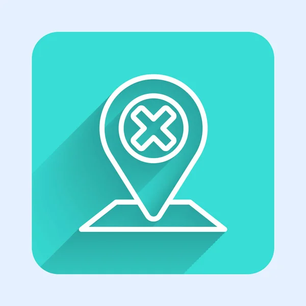 Fehér vonal Térkép pin ikon elszigetelt hosszú árnyék. Navigáció, mutató, hely, térkép, GPS, irány, hely, iránytű, keresési koncepció. Zöld négyzet gomb. Vektor — Stock Vector