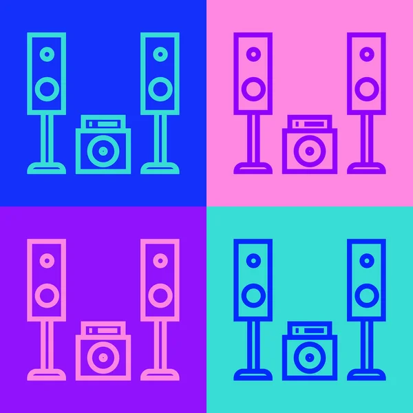 Pop art line Home stereo met twee luidspreker s pictogram geïsoleerd op kleur achtergrond. Muzieksysteem. Vector Illustratie — Stockvector