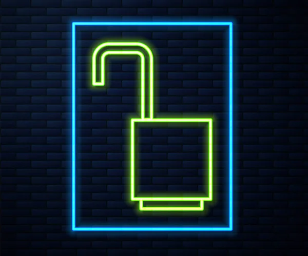 Gloeiende neon lijn Open hangslot pictogram geïsoleerd op baksteen muur achtergrond. Open slot bord. Cybersecurity concept. Digitale gegevensbescherming. Vector Illustratie — Stockvector