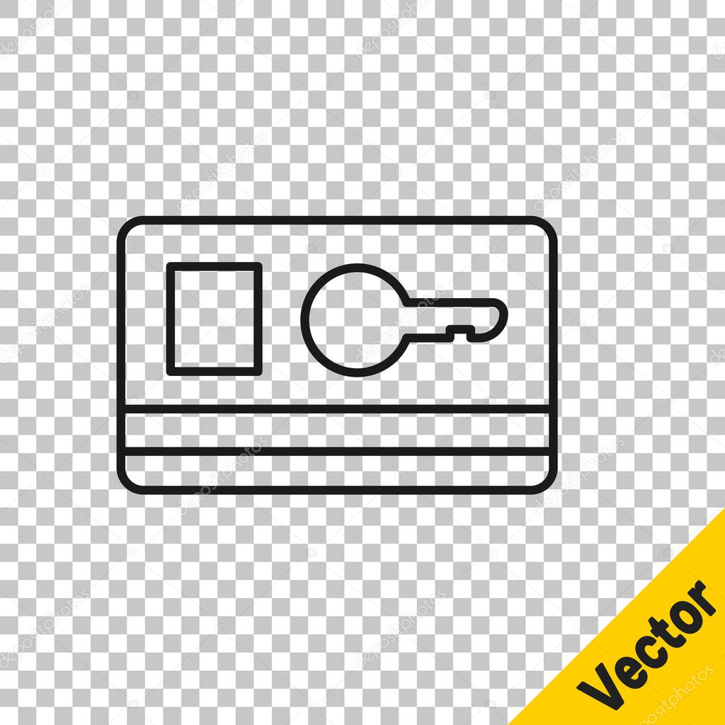 Black line Key card icon isolated on transparent background. Vector Illustration