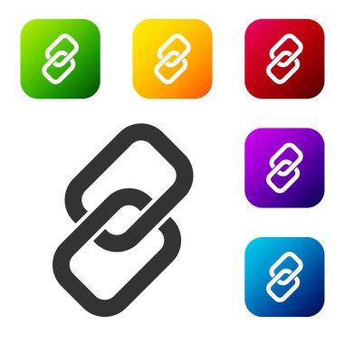 Siyah zincir bağlantısı simgesi beyaz arkaplanda izole edildi. Bağlantı bekar. Hiper bağlantı zinciri sembolü. Renkli kare düğmelerle simgeleri ayarla. Vektör