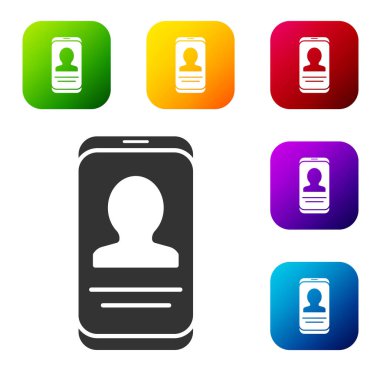 Beyaz arkaplanda özgeçmiş simgesine sahip siyah mobil. Özgeçmiş başvurusu. Profesyonel personel aranıyor. Personel analizi devam ediyor. Renkli kare düğmelerle simgeleri ayarla. Vektör