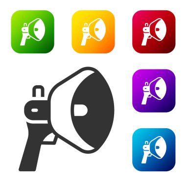Beyaz arkaplanda siyah megafon simgesi izole edildi. Sözcü işareti. Renkli kare düğmelerle simgeleri ayarla. Vektör