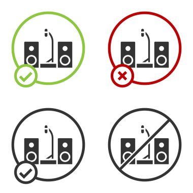 Beyaz zemin üzerinde iki hoparlör simgesi olan Black Home müzik seti. Müzik sistemi. Çember düğmesi. Vektör