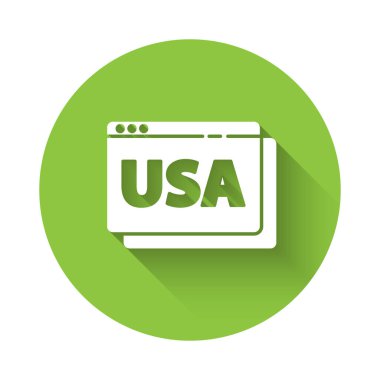 Beyaz Amerika Birleşik Devletleri tarayıcı simgesinde uzun gölgeli izole edilmiş. Yeşil daire düğmesi. Vektör