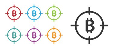 Hedef simgedeki siyah Bitcoin beyaz arkaplanda izole edilmiş. Yatırım hedef simgesi. Simgeleri renklendirin. Vektör