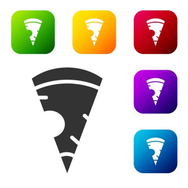 Beyaz arka planda izole edilmiş siyah pizza ikonu. Fast food menüsü. Renkli kare düğmelerle simgeleri ayarla. Vektör