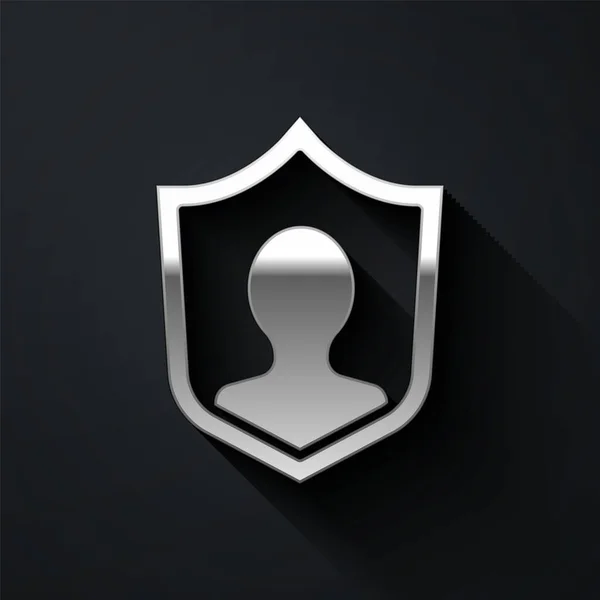 Silver Användarskydd ikon isolerad på svart bakgrund. Säker inloggning, lösenordsskyddad, skydd av personuppgifter, autentisering. Lång skuggstil. Vektor — Stock vektor