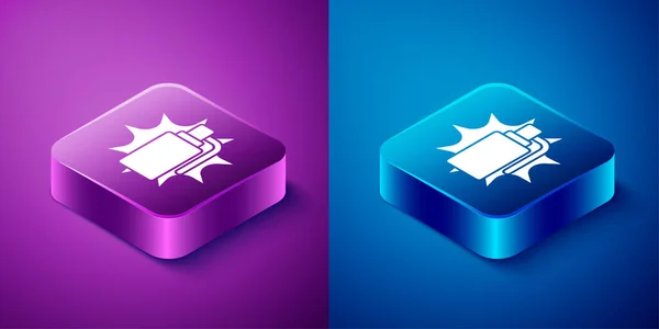 Isometric Hand grenade icon isolated on blue and purple background. Bomb explosion. Square button. Vector — Stock Vector