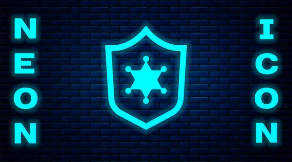 Icono de placa de policía de neón brillante aislado en el fondo de la pared de ladrillo. Insignia del sheriff. Vector — Vector de stock