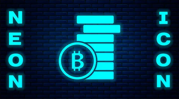Świecący neon Kryptowaluta moneta Bitcoin ikona izolowane na tle cegły ściany. Fizyczna moneta. Zabezpieczona kryptowaluta oparta na blockchain. Wektor — Wektor stockowy