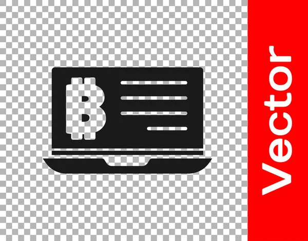 Fekete Bányászat bitcoin laptop ikon elszigetelt átlátszó háttérrel. Kriptovaluta bányászat, blockchain technológia szolgáltatás. Vektor — Stock Vector
