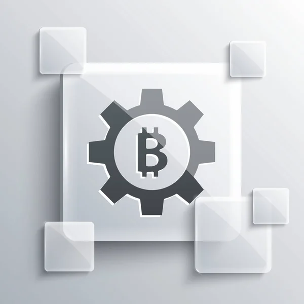 Criptomoeda cinza ícone moeda Bitcoin isolado no fundo cinza. Configuração de engrenagem e Bitcoin. Blockchain baseado em moeda criptomoeda segura. Painéis de vidro quadrados. Vetor —  Vetores de Stock