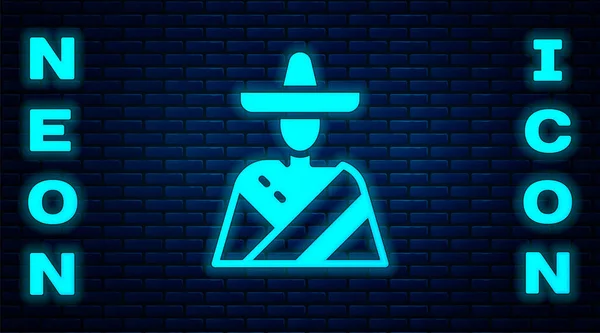 Glödande neon mexikanska mannen bär sombrero ikon isolerad på tegelvägg bakgrund. En latinamerikan med mustasch. Vektor — Stock vektor