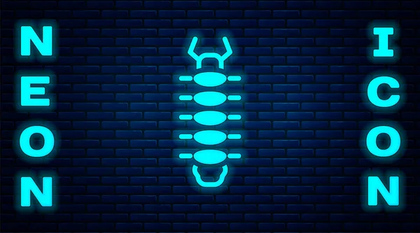 Leuchtende Neon Hundertfüßer Insektensymbol isoliert auf Backsteinwand Hintergrund. Vektor — Stockvektor