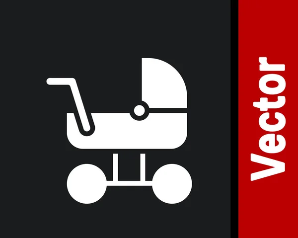 Ícone de carrinho de bebê branco isolado no fundo preto. Carruagem de bebê, buggy, carrinho, carrinho, roda. Vetor — Vetor de Stock