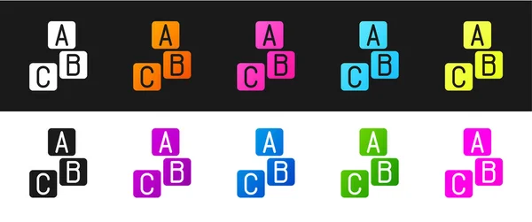 Establecer bloques ABC icono aislado sobre fondo blanco y negro. Cubos del alfabeto con letras A, B, C. Vector — Archivo Imágenes Vectoriales