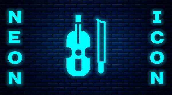 Glödande neon fiol ikon isolerad på tegel vägg bakgrund. Musikinstrument. Vektor — Stock vektor