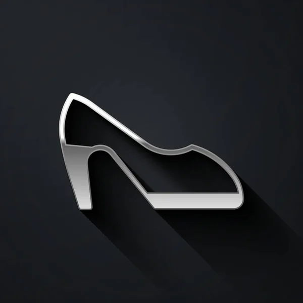 Zapato Mujer Plata con icono de tacón alto aislado sobre fondo negro. Estilo de sombra larga. Vector — Vector de stock