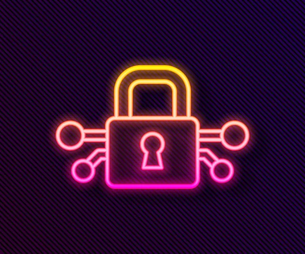 Linea neon luminosa Icona di sicurezza informatica isolata su sfondo nero. Lucchetto chiuso su circuito digitale. Concetto sicurezza. Protezione dei dati digitali. Vettore — Vettoriale Stock