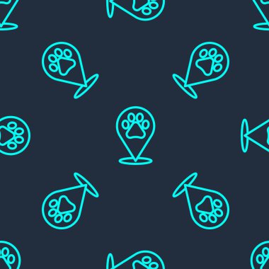 Veterinerlik, klinik ya da hayvan ikonu için evcil hayvan dükkanı olan yeşil çizgi haritası işaretleyicisi mavi arka planda izole edilmiş. Veteriner ya da veteriner kliniği. Vektör