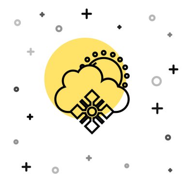 Beyaz zemin üzerinde kar ve güneş ikonu olan siyah çizgi bulutu. Kar taneli bulut. Tek hava ikonu. Kar tabelası. Rastgele dinamik şekiller. Vektör