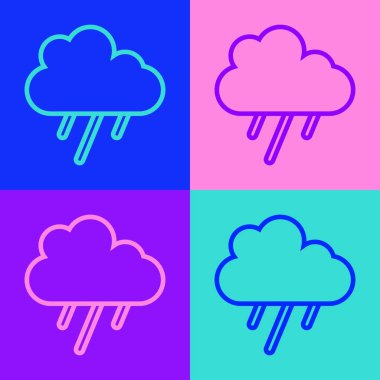 Arkaplanda yağmur ikonu olan pop sanat çizgisi bulutu. Yağmur damlaları ile yağmur bulutu yağışı. Vektör