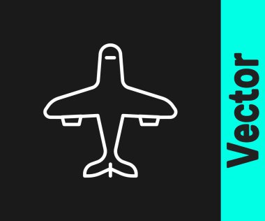 Beyaz çizgi düzlem simgesi siyah arkaplanda izole edildi. Uçan uçak ikonu. Uçak tabelası. Vektör