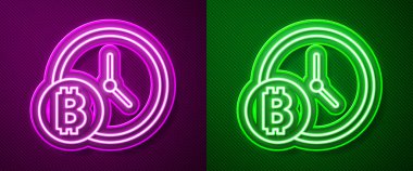 Mor ve yeşil arka planda izole edilmiş saat simgesiyle parlayan neon hattı Kripto para Bitcoin. Madeni para. Engelleme zinciri tabanlı şifreli para birimi. Vektör