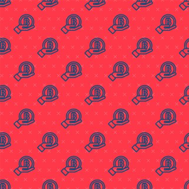 Mavi çizgili El, Bitcoin simgesini tutuyor. Kırmızı arkaplanda pürüzsüz desen var. Engelleme teknolojisi, dijital para piyasası, şifreli para cüzdanı. Vektör