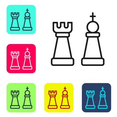 Siyah çizgi satranç simgesi beyaz arkaplanda izole edildi. İş stratejisi. Oyun, yönetim, finans. Renkli kare düğmelerle simgeleri ayarla. Vektör