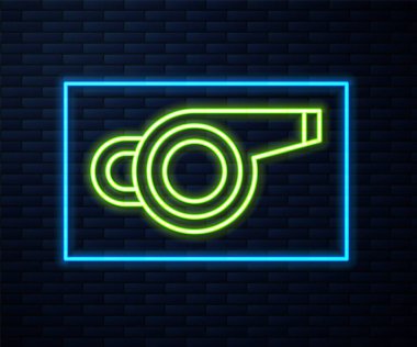 Parlayan neon hattı Whistle simgesi tuğla duvar arka planında izole edildi. Hakem sembolü. Spor ve spor burcu. Vektör