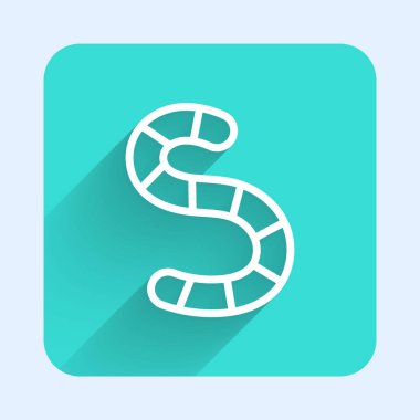 Beyaz çizgi solucan ikonu uzun gölgeli izole edilmiş. Balık oltası. Yeşil kare düğmesi. Vektör