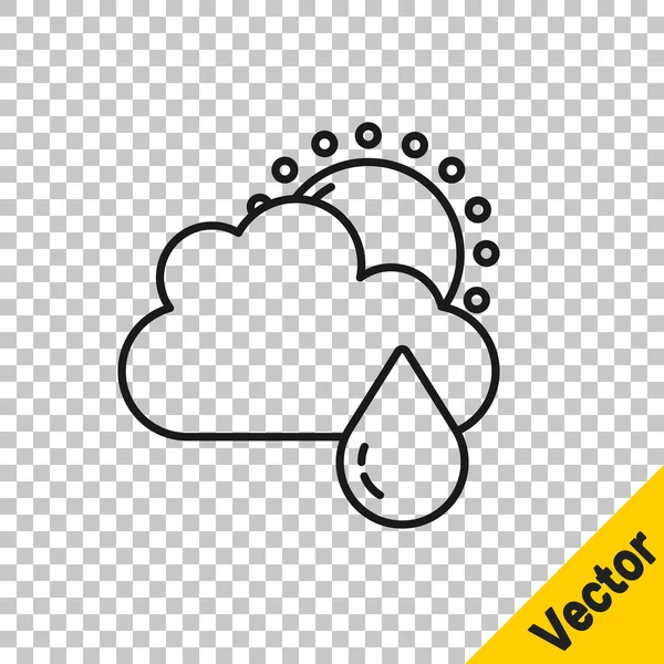 Черная линия облака с изображением дождя и солнца изолированы на прозрачном фоне. Осадки дождевых облаков с капельками дождя. Вектор — стоковый вектор