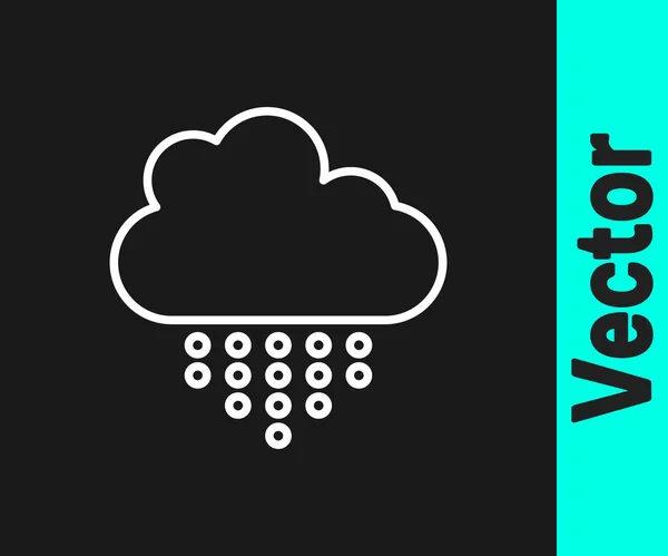 Ligne blanche Nuage avec icône de pluie isolée sur fond noir. Précipitation de nuages de pluie avec gouttes de pluie. Vecteur — Image vectorielle