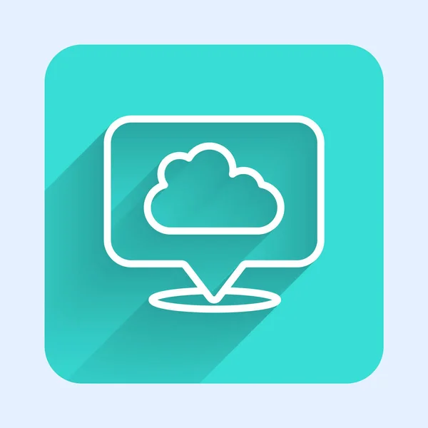 Weiße Linie Location Cloud Icon isoliert mit langem Schatten. Grüner Quadrat-Knopf. Vektor — Stockvektor