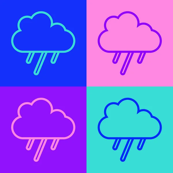 Pop art line Nuvem com ícone de chuva isolado no fundo de cor. Precipitação de nuvens de chuva com gotas de chuva. Vetor — Vetor de Stock