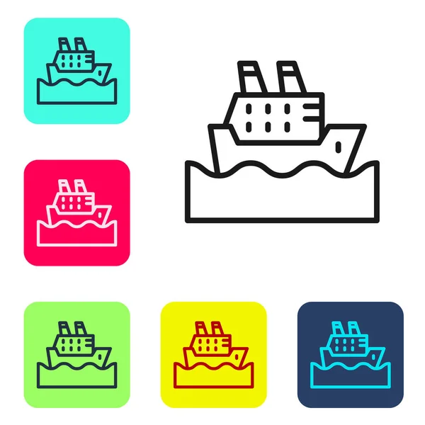 Linha preta Navio de cruzeiro no ícone do oceano isolado no fundo branco. Cruzando o mundo. Definir ícones em botões quadrados de cor. Vetor — Vetor de Stock