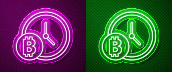 Glowing neon line Cryptocurrency coin Bitcoin with clock icon isolated on purple and green background. Physical bit coin. Blockchain based secure crypto currency. Vector