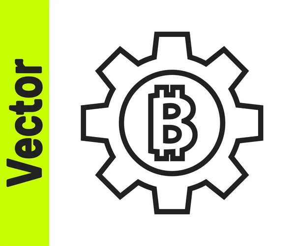 Fekete vonal Cryptocurrency érme Bitcoin ikon elszigetelt fehér alapon. Gear és Bitcoin beállítás. Blokkolólánc alapú biztonságos titkosító valuta. Vektor — Stock Vector